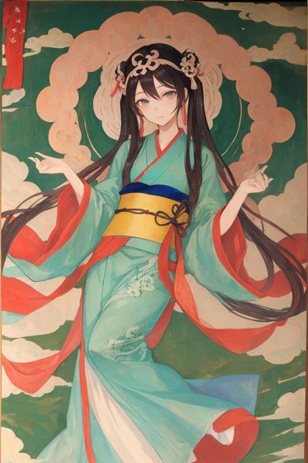 21571-4262998295-masterpiece, best quality,1girl, dunhuang,   long hair, looking at viewer, twintails, black hair, hanfu,  traditional media,.png